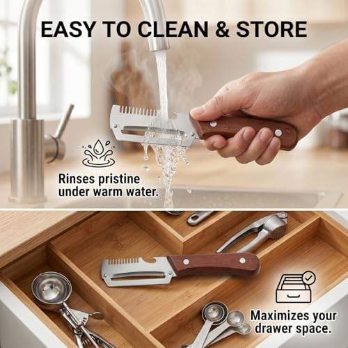 3-in-1 Scallion Shredder & Peeler, 2-in-1 Serrated Peeling Knife Premium Vegetable Peeler with Wooden Handle & Built-In Bottle Opener, Multi-purpose Peeler and Julienne Shredder Set