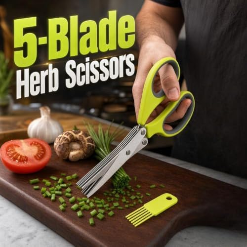 Multipurpose 5 Blade Herb Scissors,2026 Kitchen Herb Shears Herb Cutter with Cover and Cleaning Comb for Chopping Basil Chive Parsley,Green-1pc