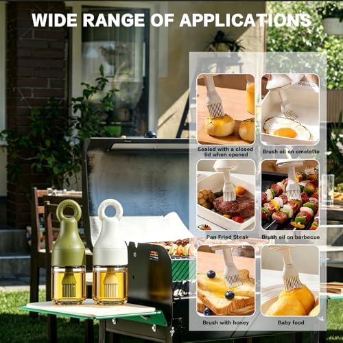 MMJ 2 in 1 Oil Brush Bottle with Silicone Basting Brush, Oil Dispenser for Kitchen, Leak Proof Glass Kitchen Accessories for Cooking, BBQ, Grilling, Vinegar, Sauce, Olive(White+Green)