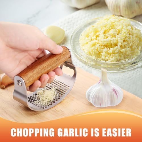 Garlic Press Rocker, 2025 New Manual Stainless Steel Garlic Presser Rocker, Crusher Masher with Garlic Peeling Drum Brush for Home Kitchen Utensils (2)