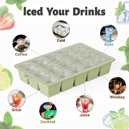 Silicone Ice Cube Tray 2 Pack - EASY RELEASE ice cube tray with lid, BPA Free Ice Cubes Trays for Freezer,ice cube mold for Cocktail,Whiskey (Green)