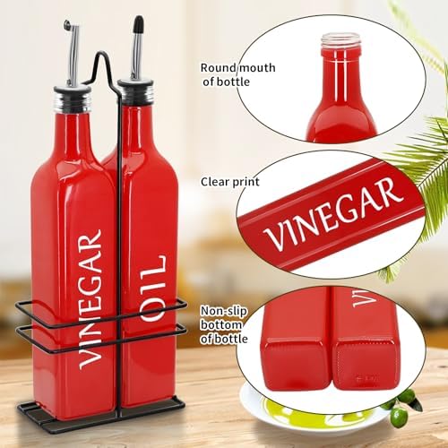 Farmhouse Oil and Vinegar Dispenser Set, 17 oz, beautiful olive oil dispenser, includes a black steel rack and a funnel, vintage cruets for vinegar and oil (Red)