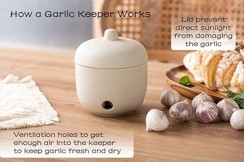 Ceramic Garlic Keeper,Garlic Storage with Lid,Garlic Holder,Beige,Small