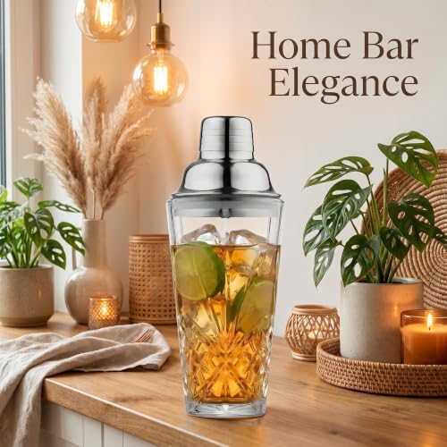 15oz Cut Crystal Cocktail Shaker,Lead-Free,#304 Stainless Steel,Dishwasher Safe,Set of Dasher&4pcs Cocktail Recipe Coasters, Fit Coffee Table Decor, Wedding Favors,any Bar Cabinet(Leaking Proof)
