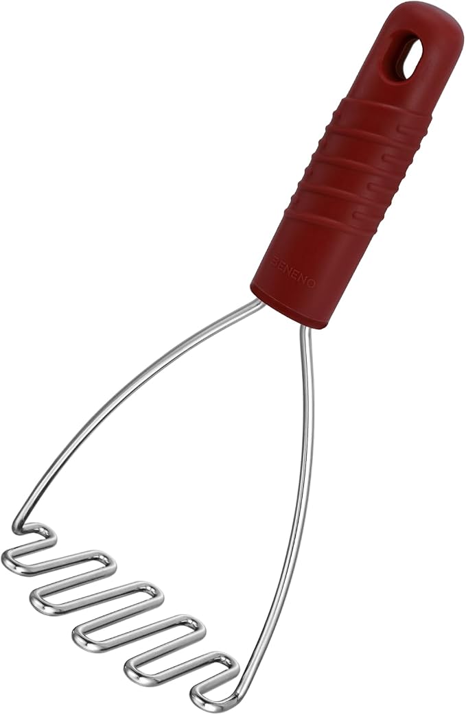 Beneno Thickened Reinforced Stainless Steel Wire Potato Masher, Ergonomic Non-Slip Grip Handle for Effortless Mashing, Rust-Proof & Dishwasher Safe Sturdy Kitchen Tool, Ideal Gift, Red