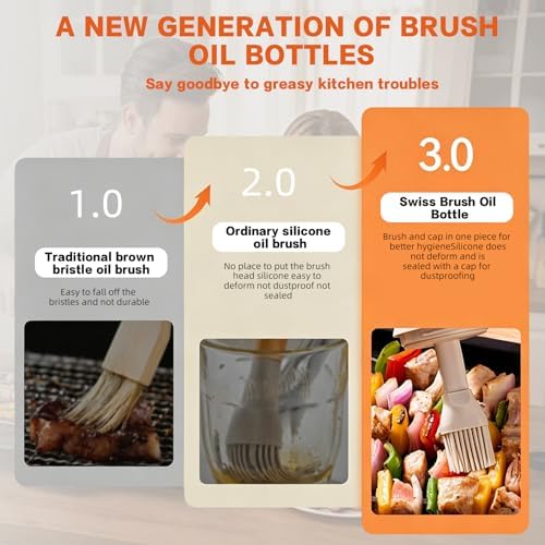 MMJ 2-in-1 Oil Dispenser with Brush, 150ml Glass Olive Oil Bottle with Silicone Basting Brush, Leak-Resistant Sauce Brush Bottle for BBQ, Baking, Grilling, Camping, White