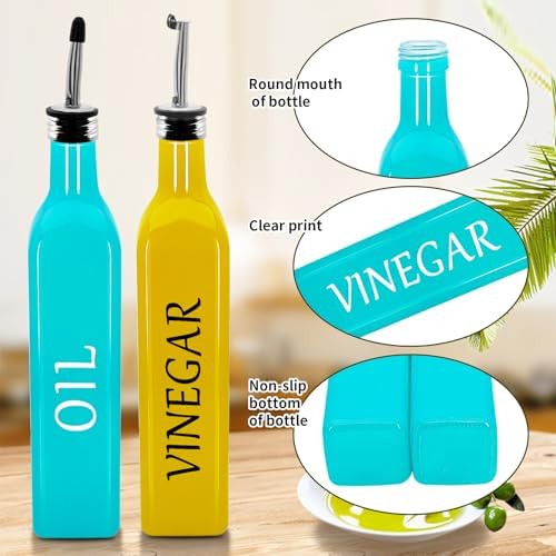 Olive Oil Dispenser Bottle,2 Pcs 17oz 500ml Glass O il and Vinegar Dispenser Set with 2 Stainless Steel Pourers, 8 Labels,Funnel Vinegar Bottles for Kitchen (Turquoise Oil & Yellow Vinegar)