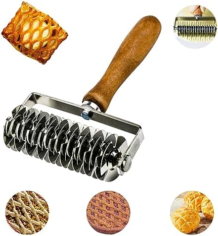 Pastry Lattice Roller Cutter, Stainless Steel Dough Cutter Wheel with Wood Handle for Beef Wellington Pie Crust Pizza Bread
