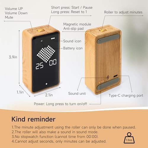 Visual Timer, Rechargeable Digital Hourglass Timer with LED Display