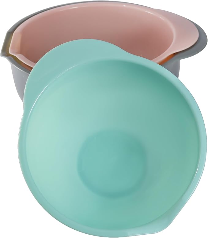 Set of 3 Mixing Bowls with Pour Spout-Nesting Design Saves Space - Non-Slip, BPA Free, Dishwasher Safe Plastic - Kitchen Cooking and Baking Supplies (Green Pink Grey)