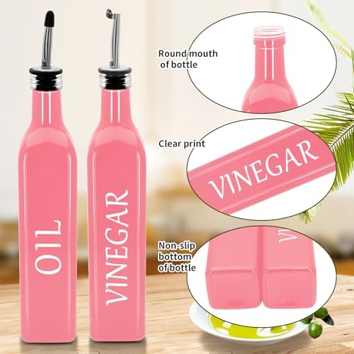 Olive Oil Dispenser Bottle,2 Pcs 17oz 500ml Glass O il and Vinegar Dispenser Set with 2 Stainless Steel Pourers, 8 Labels,Funnel Vinegar Bottles for Kitchen (Pink)