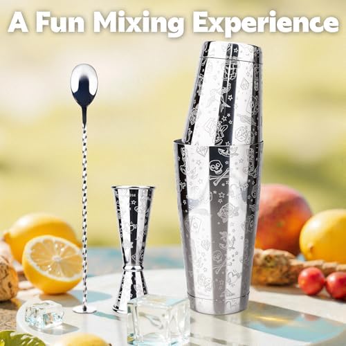 Boston Cocktail Shaker Etched Set, Jigger Spoon 17/24oz Mermaid