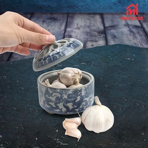 Marsrut Ceramic Garlic Keeper Crock with Lid, Porcelain Breathable Storage Bowl Jar Tank Holder, Small Container for Storing Garlic Chili for Counter Countertop Kitchen (Gray Blue)