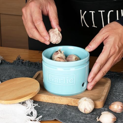 ONTUBE Ceramic Garlic Keeper with Wooden Lid 4-Inch,Garlic Holder (Turquoise)