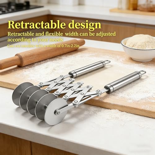 Wheel Adjustable Pasta Cutter with Handle - Stainless Steel Multi-Tool for Baking Pastry, Pizza, Noodles & Pie Crust (5 Roller)