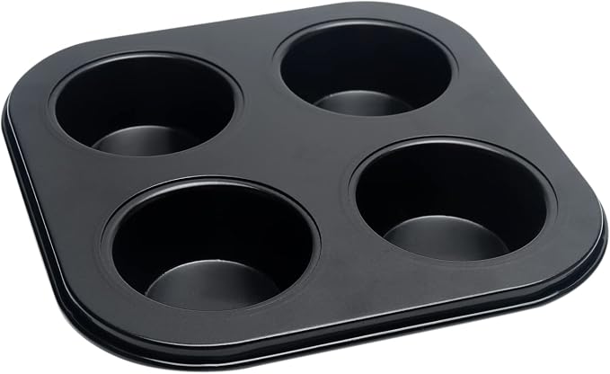 4 Cup Muffin Pan for Oven Baking, Carbon Steel Cupcake Baking Pan Nonstick Round Mini Muffin Tin Pie Pans Cake Mold for Making Muffins Cupcakes Frittatas Tarts Pudding(Black 2 pcs)