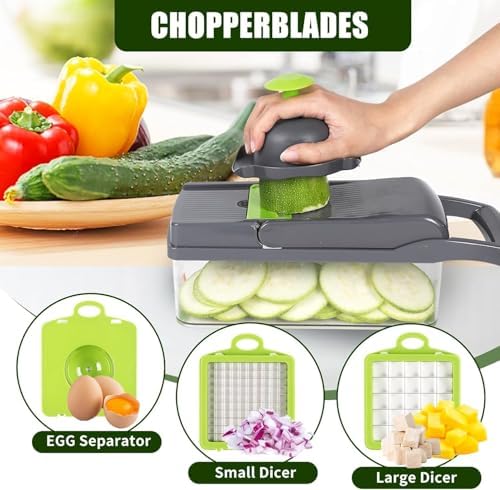 Pro-Series 16-in-1 Vegetable Chopper, Veggie Chopper, Food Chopper with Container, Vegetable Cutter Chopper & Spiralizer for Onion Salad (Grey, 16-piece set)