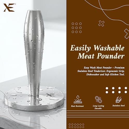 XE Meat Pounder Tenderizer - Stainless Steel 1.28 lb. Round Chicken Flattener - Easy Grip Meat Tenderizer, Hammer, Flattener, Smasher, Masher, Mallet Kitchen Tool for Cooking