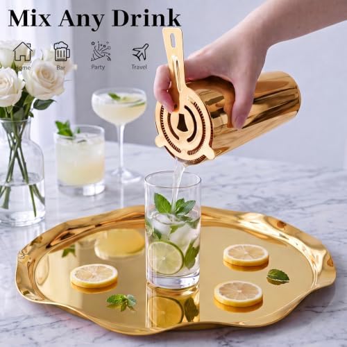 Boston Cocktail Shaker Set, 18 oz & 28 oz 2-Piece Tins, 304 Stainless Steel Bartender Kit 5-Piece Bar Tool Set with Recipe Book, Perfect for Novices & Pros, Home and Bar Use (Gold)