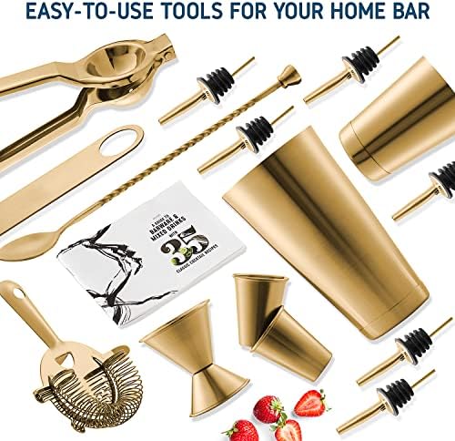 Bar Set Cocktail Shaker Set, Stainless Steel Mixology Bartender Kit, 16 Piece Cocktail Kit, Gold Cocktail Set, Bar Tools: 30oz Martini Shaker, Muddler, Bar Kit Cocktail Book, Jigger and Pourers