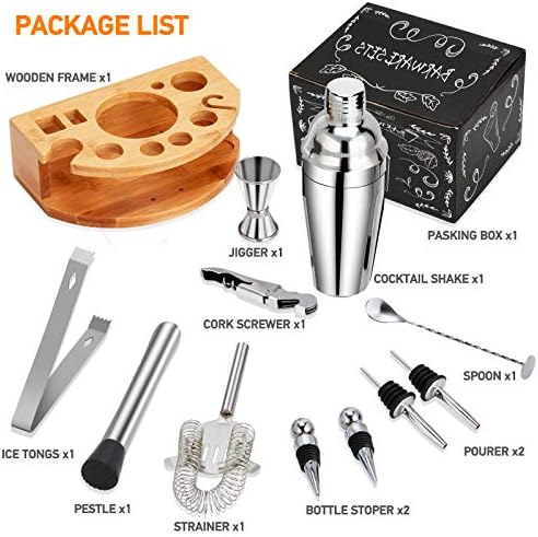 Bartender Kit Cocktail Shaker Set, Perfect Home Bartending Kit with Stylish Stand, 25oz Stainless Steel Martini Shaker with Cocktail Recipes Booklet