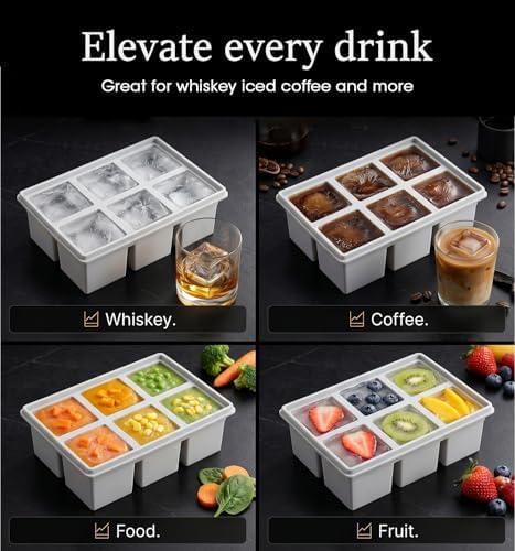 DOQAUS Silicone Ice Cube Tray, 2 Inch Large Square Ice Cube Mold with Lid, BPA Free Flexible Ice Tray for Whiskey, Cocktails, Freezer, Easy Release