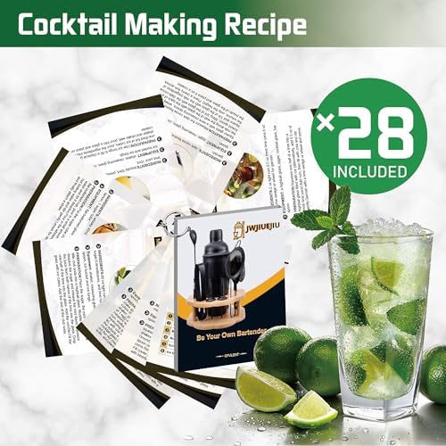 Cocktail Shaker Set Bartender Kit with Rotatble Bamboo Stand,11 Piece Bar Set Stainless Steel Bar Accessories for Drink Mixing, Bar, Home, Party (Frosted Black)