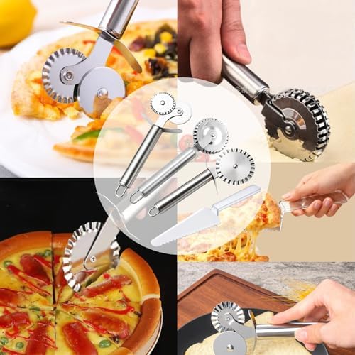 3Pcs Pizza Cutter Wheel, Stainless Steel Pastry Ravioli Wheel Cutter, Double Wheel Multi-Function Pizza Pie Crust Kitchen Utensils Gadgets Tools and 1Pcs Disposable Plastic Cake Cutter