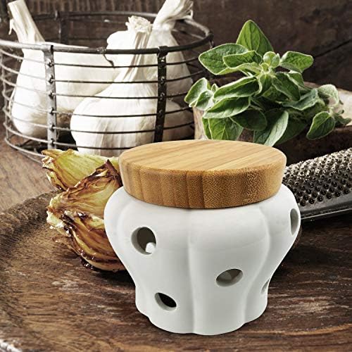 Ceramic Garlic Keeper with Bamboo Lid, 550 ml Vented White Stoneware Storage Container for Garlic, Ginger and Shallots, Countertop Kitchen Organizer