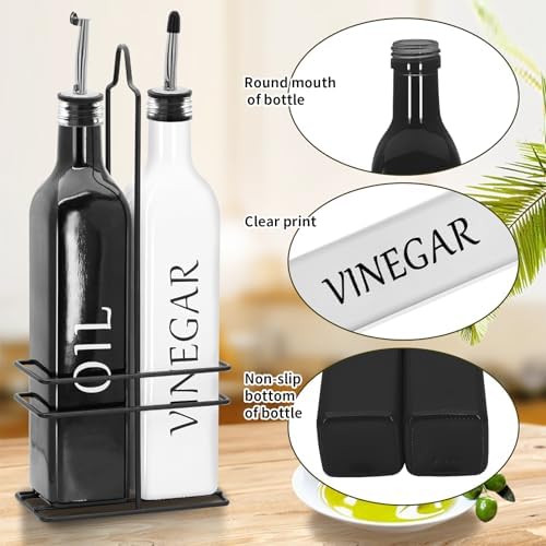 Farmhouse Oil and Vinegar Dispenser Set, 17 oz, beautiful olive oil dispenser, includes a black steel rack and a funnel, vintage cruets for vinegar and oil (Black Oil & White Vinegar)