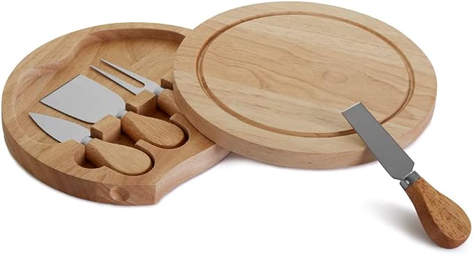 APOLLO THE HOUSEWARES BRAND Cheese Board Set - inc Hidden Knife Tray - Wooden Handle Knives & Fork - Quality Hevea Wood - Size 21x3.5cm, Multicolour (1974)