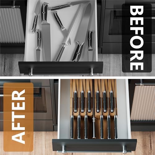 Domax Bamboo In-drawer Knife Block - Kitchen Knife Drawer Organizer Insert, Steak Knife Holder Without Knives, Drawer Knife Organizer Fits for 12 knives and 1 Sharpening Steel (Not Included), Walnut