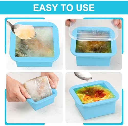 Silicone Freezer Tray with Lid 2 Pack Silicone Freezer Molds Ice Cube Tray Makes 2 Perfect 2 Cup Portions Soup Cubes Meal Prep Containers- Oven & Dishwasher Safe