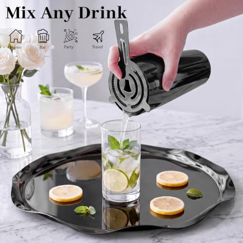 Boston Cocktail Shaker Set, 18 oz & 28 oz 2-Piece Tins, 304 Stainless Steel Bartender Kit 5-Piece Bar Tool Set with Recipe Book, Perfect for Novices & Pros, Home and Bar Use (Black)