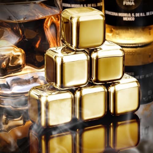 KEISSCO Stainless Steel Chilling Cubes Reusable Ice Cube Whiskey Stones for Drinks Beverage Jumbo Chilling Stones Set with Ice Tongs and Freezer Storage Tray for Whiskey, Gold Color Edition (8 Pack)