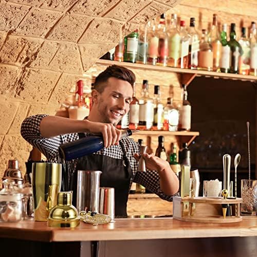 Bartender Kit with Stylish Bamboo Stand, 12 Piece 25oz Cocktail Shaker Set for Mixed Drink, Professional Stainless Steel Bar Tool Set, Gift for Man Dad- Cocktail Recipes Booklet (Gold)