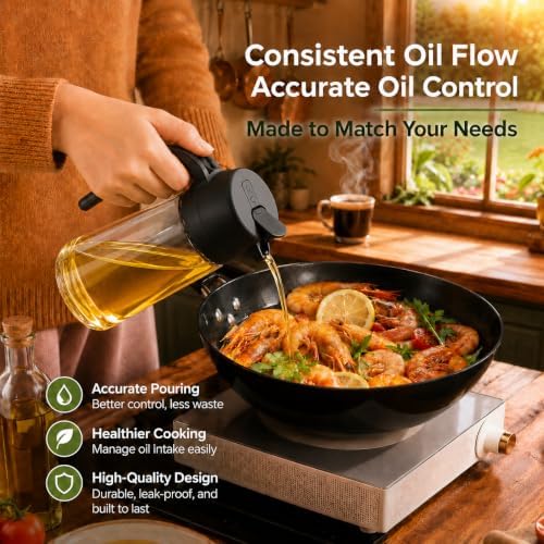 Oil Sprayer for Cooking, 2 Pack Olive Oil Sprayer Bottle, 16oz Glass Oil Dispenser for Kitchen, Fine Mist Spray & Pour, BPA-Free, Refillable, Leakproof, Air Fryer, Salad, BBQ & Cooking