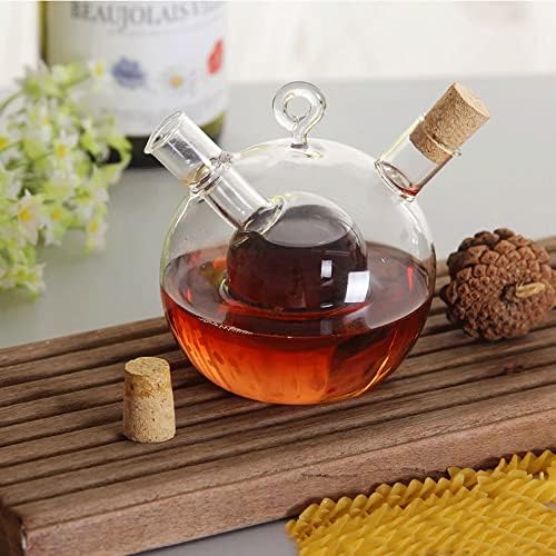 2 in 1 Oil and Vinegar Dispenser Cruet Bottle, Kitchen Supplies Glass Olive Oil and Balsamic Vinegar Cruet Bottle with Cork Stoppers, Hand-blown Glass Jar (Ball Shape)