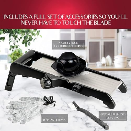 Adjustable Mandoline Slicer for Kitchen, Potato Cutter, Vegetable Chopper, Mandolin, Cucumber Slicer- INCLUDING one Pair Cut-Resistant Gloves and Waffle Fry Cutter