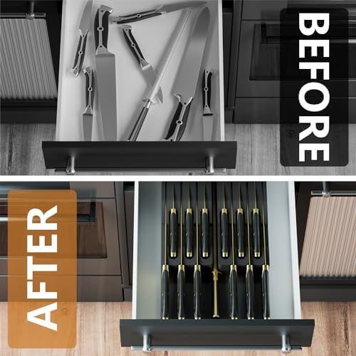 Domax Bamboo In-Drawer Knife Block - Kitchen Drawer Organizer Insert, Steak Knife Holder without Knives, Fits 12 Knives and 1 Sharpening Steel (Not Included), Black
