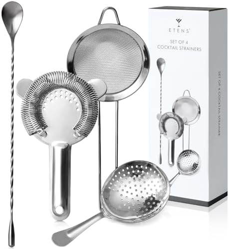 Etens Cocktail Strainer Set – Bar tools Stainless Steel Includes Hawthorne Strainer, Julep & Fine Mesh Cocktail Strainers, Mixing Spoon – Drink Shaker Strainer for Bartending