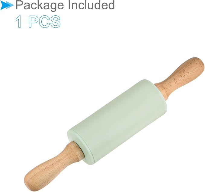 Silicone Rolling Pins, 9.25" Length, Silicone & Oak Non-Stick Ergonomic Wooden Handle Fondant Dough Roller Light Green - (Applications: for Baking DIY Projects)