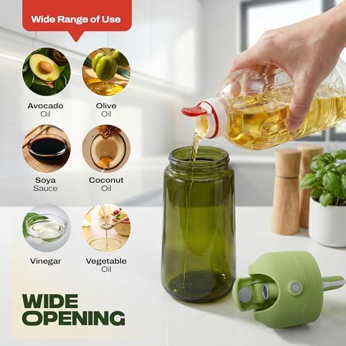 PORTENTUM Olive oil spray bottle for cooking 16oz/470ml 2 in 1 spray and pour function – Anti drip green glass bottle dispenser with light protection – Multilingual labels – Air fryer salads grilling