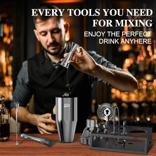 IOV Mixology Bartender Kit With Stand | 12-Piece Cocktail Shaker Set | 24oz Martini Shaker Set For Drink Mixing | Bar Set Includes All Bar Tools And Recipe Booklet | Fun Housewarming Gift (Black)