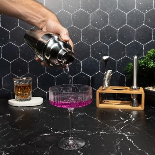 Premium Cocktail Shaker Set with Bamboo Stand, 4-Piece Bar Tools Kit, Stainless Steel Bartender Set with Shaker, Jigger, Mixing Spoon, and Strainer