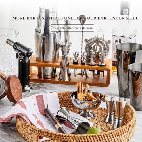 KITESSENSU Cocktail Shaker Set Bartender Kit, 6-Piece Silver Bar Set with Stand, Bar kit with Essential Bar Accessory Tools: Martini Shaker, Jigger, Strainer, Bar Spoon, Tongs, Opener