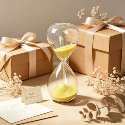 Hourglass, HoveBeaty Yellow Sand Timer, 15 Minute Hand-Blown Glass