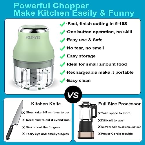 Vegetable Chopper, Electric Garlic Chopper, 250ML USB Rechargeable Mini Blender, Powerful Small Food Processor, Blender to Vegetable, Wireless Food Cutter for Ginger, Chili, Fruit, Meat, etc(Green)