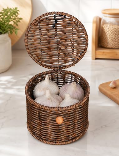 NiHome Garlic Keeper for Counter, Handwoven Rattan, Ventilated, Dark Brown