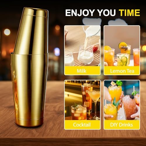 Boston Shaker Set, 18oz & 28oz 2-Piece Tins, Professional 304 Stainless Steel Cocktail Shaker with Leak-Proof Weighted Base for Bartending, Home & Bar Use (Gold)